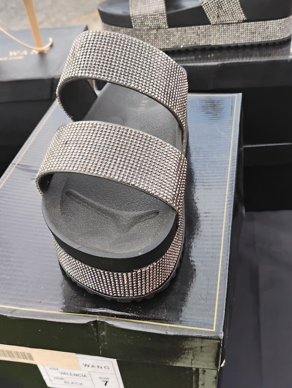 Women's Black Rhinestone Double-Strap Platform Sandal